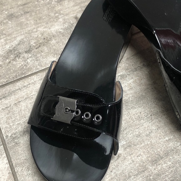 COPY - NWOB DR SCHOLL’S WOODEN SLIDES/SIZE9US/BLACK PATENT - Picture 3 of 12